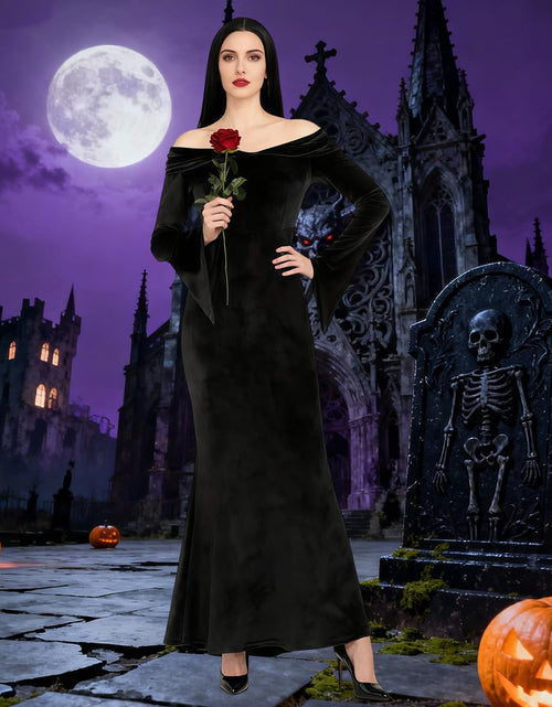 Load image into Gallery viewer, QUJQOM Halloween Gothic Dress Black V-neck Red Rose Wig Size L
