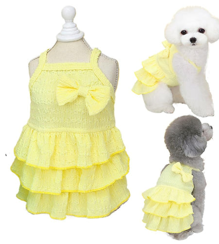 Wiz BBQT Chihuahua Yorkie Dog Dress Sleeveless Ruffles Bow Yellow Size L