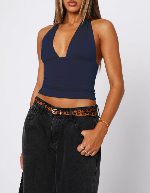 Load image into Gallery viewer, TiulZial Womens Backless Halter Crop Tank Top Navy Blue Size M
