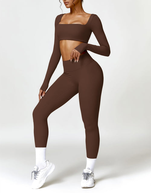 Load image into Gallery viewer, AGYMNX 2pc Workout Set Women Long Sleeve Crop Top High Waist Leggings Brown M

