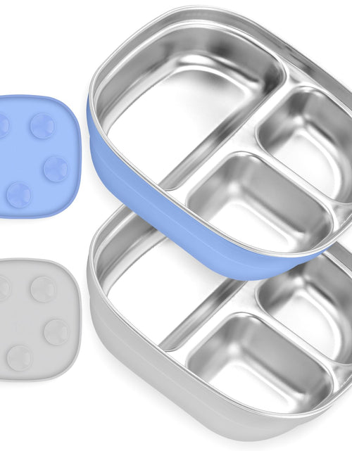 Load image into Gallery viewer, Flysich Stainless Steel Toddler Plate 2pc Divided Suction Blue Grey BPA Free
