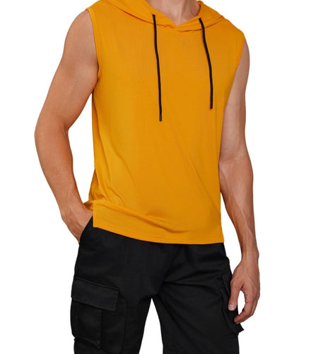 VIPWOLF Men's Sleeveless Hoodie Tank Top Drawstring High Low Hem Yellow Size L