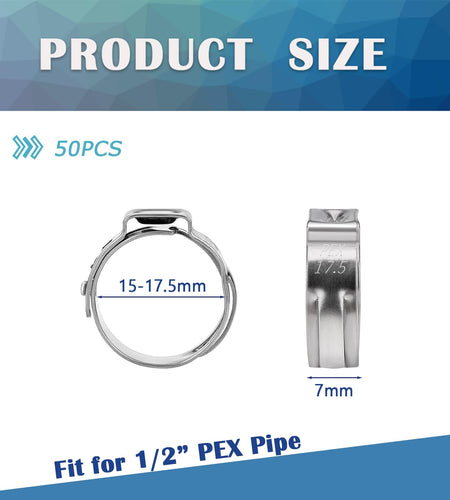 HayEastdor 50PCS 1/2" PEX Cinch Crimp Clamp Rings 304 Stainless Steel