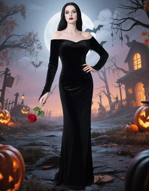 Load image into Gallery viewer, QUJQOM Halloween Gothic Dress Black V-neck Red Rose Wig Size L
