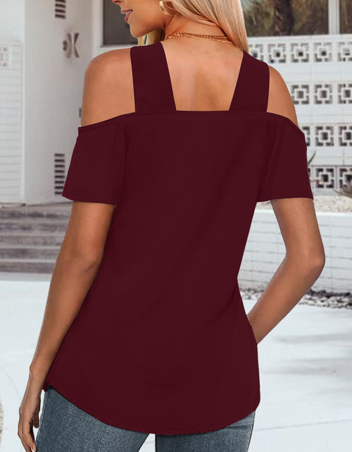 Load image into Gallery viewer, Bellcoco Womens Cold Shoulder V Neck Red Blouse Top XL
