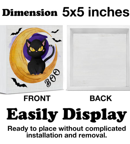 Hijie Halloween Black Cat Bat Wooden Sign Decor 5x5 Inches Indoor