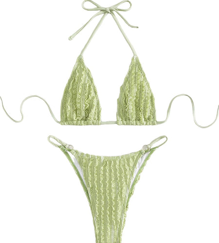 GORGLITTER Women's Lace Bikini Set Halter Triangle Thong Green Frill Size XL