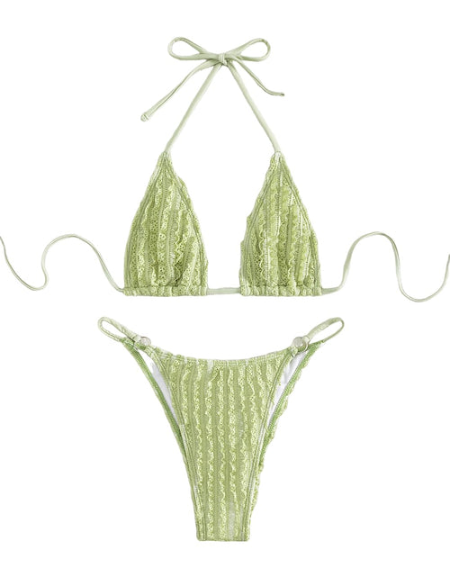 Load image into Gallery viewer, GORGLITTER Women's Lace Bikini Set Halter Triangle Thong Green Frill Size XL

