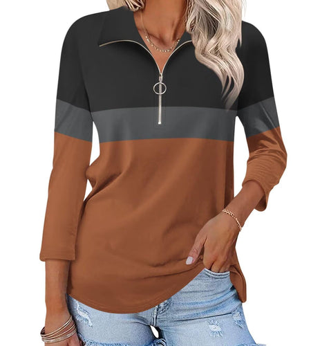 TICTICMISS Women's V Neck 3/4 Sleeve Zipper Polo Shirt Black-Charcoal-Brown L