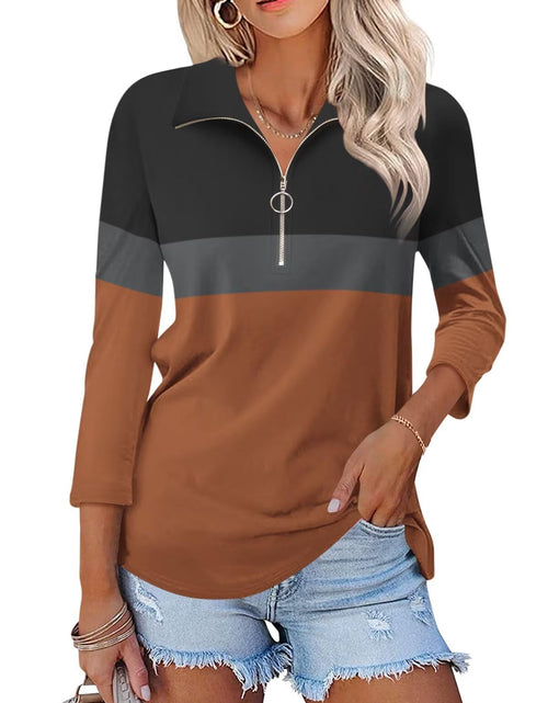 Load image into Gallery viewer, TICTICMISS Women's V Neck 3/4 Sleeve Zipper Polo Shirt Black-Charcoal-Brown L
