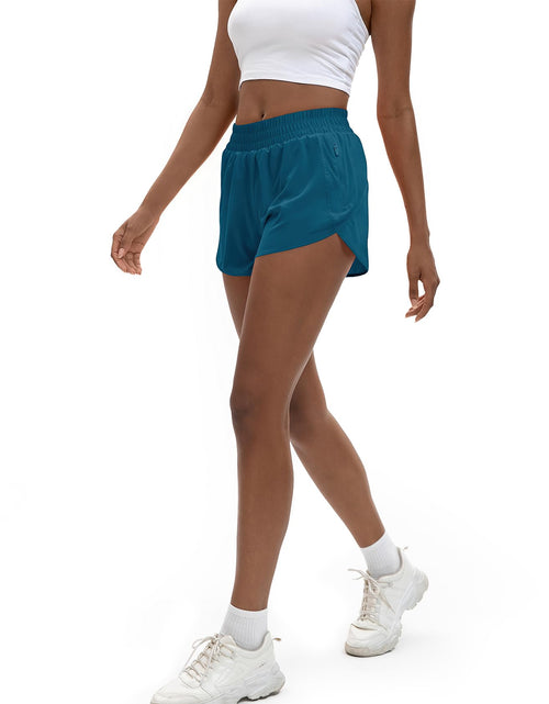 Load image into Gallery viewer, SAFWAK Women's High Waisted Running Shorts Quick Dry Zipper Pocket Turquoise L
