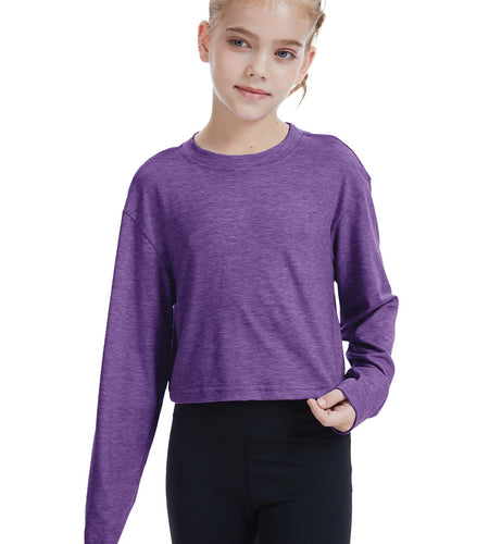 CharmWM Girls Long Sleeve Crop Top Crew Neck Casual Tee Deep Purple Size 9-10Y