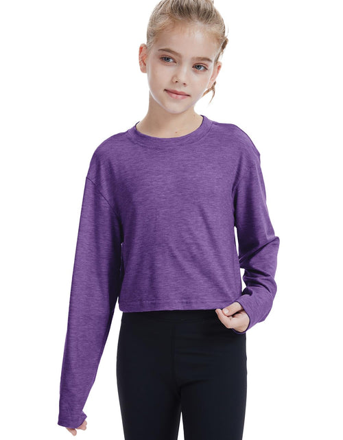 Load image into Gallery viewer, CharmWM Girls Long Sleeve Crop Top Crew Neck Casual Tee Deep Purple Size 9-10Y

