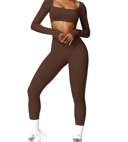 AGYMNX 2pc Workout Set Women Long Sleeve Crop Top High Waist Leggings Brown M
