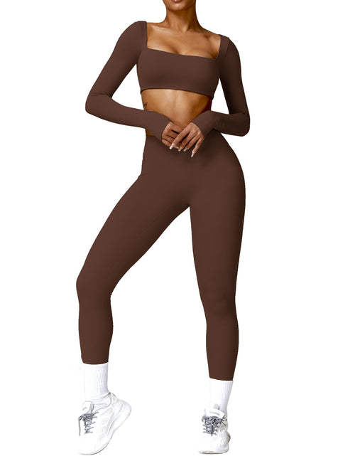 Load image into Gallery viewer, AGYMNX 2pc Workout Set Women Long Sleeve Crop Top High Waist Leggings Brown M
