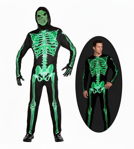 XXLOG Glow in the Dark Skeleton Costume Hooded Jumpsuit Halloween Cosplay Adult
