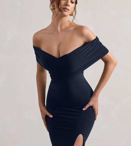LAGSHIAN Women's Bodycon Off Shoulder Ruched Split Hem Dress Navy Size S
