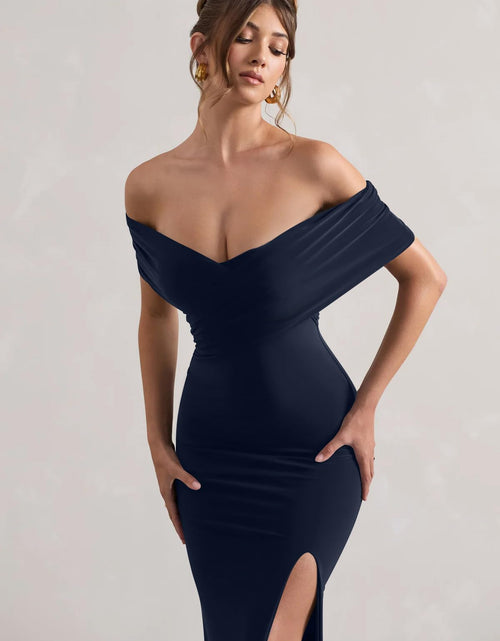Load image into Gallery viewer, LAGSHIAN Women's Bodycon Off Shoulder Ruched Split Hem Dress Navy Size S
