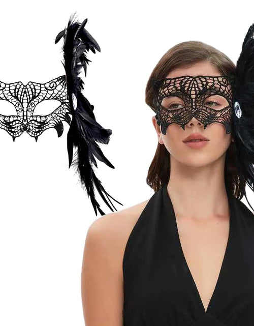 Load image into Gallery viewer, Livresse Fox Lace Feather Masquerade Mask Black Elastic Strap One Size

