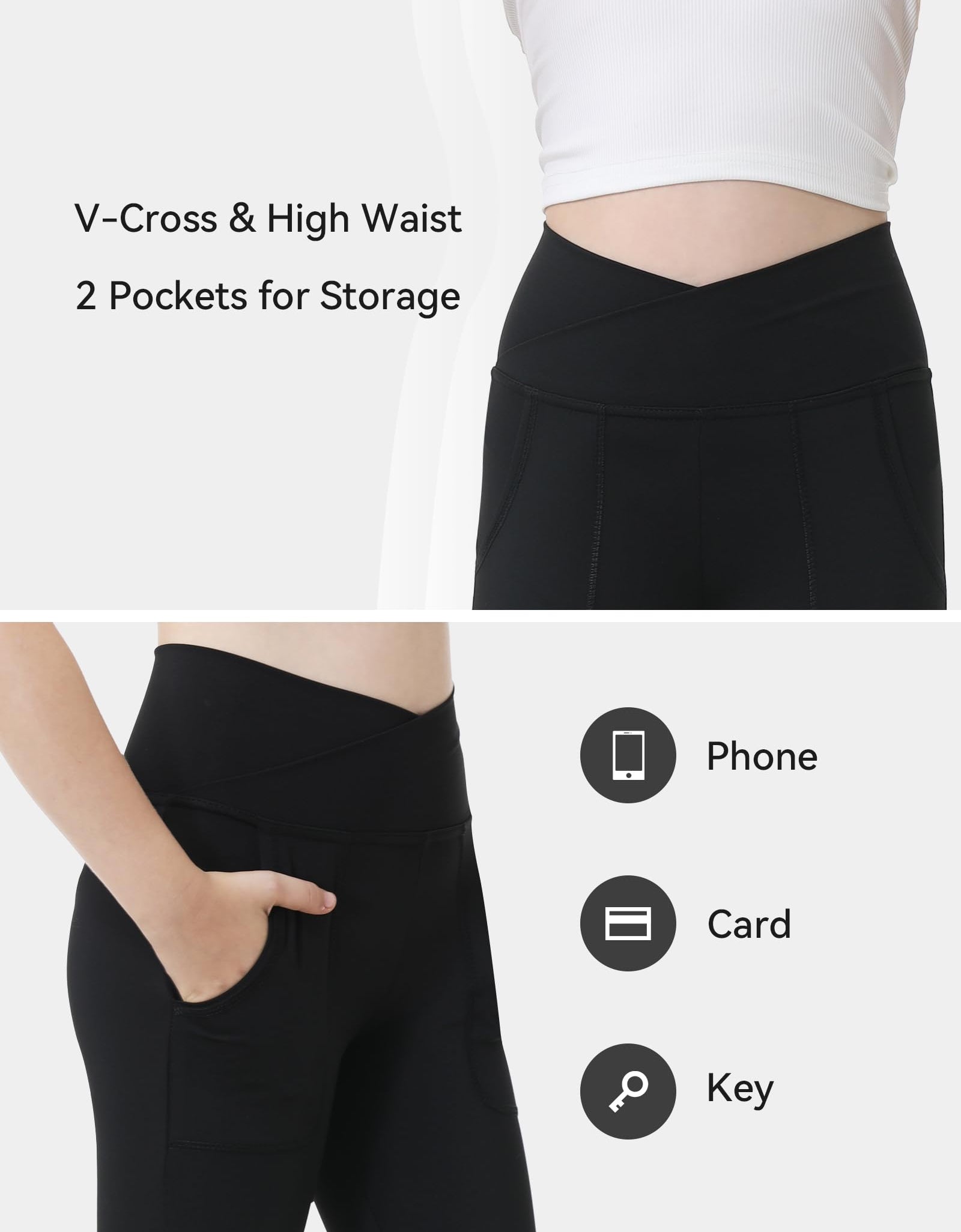 Kirinkylin Girls Flare Leggings 2 Pack V Cross Bootcut Pockets Black Size 10-11