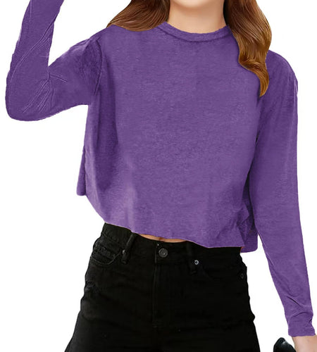 CharmWM Girls Long Sleeve Crop Top Crew Neck Casual Tee Deep Purple Size 9-10Y