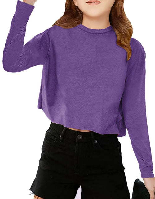 Load image into Gallery viewer, CharmWM Girls Long Sleeve Crop Top Crew Neck Casual Tee Deep Purple Size 9-10Y
