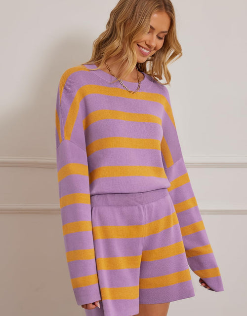 Load image into Gallery viewer, MEROKEETY Women's 2 Piece Sweater Set Striped Long Sleeve Shorts Purple Size S
