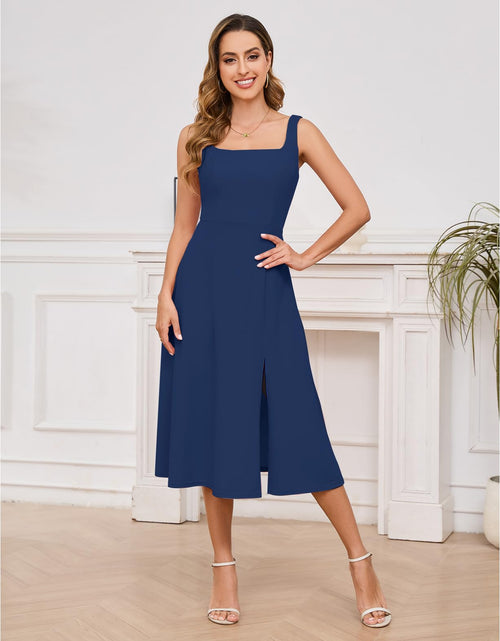 Load image into Gallery viewer, Gardenwed Womens Square Neck Midi Dress Sleeveless Slit Cocktail Navy M
