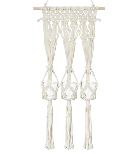Briful Macrame Wall Hanging Shelf Cream-White with 3 Glass Vases Boho Decor