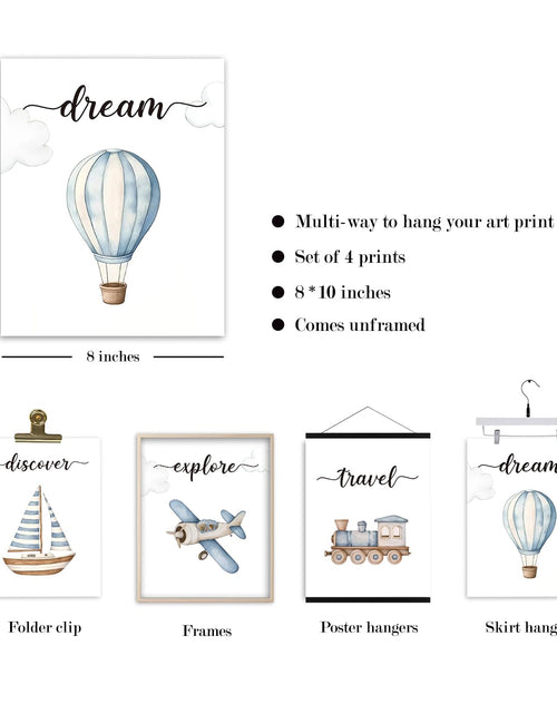 Load image into Gallery viewer, VIIJJUE Nursery Wall Art Set 4 Transportation Prints 8x10 Watercolor Blue
