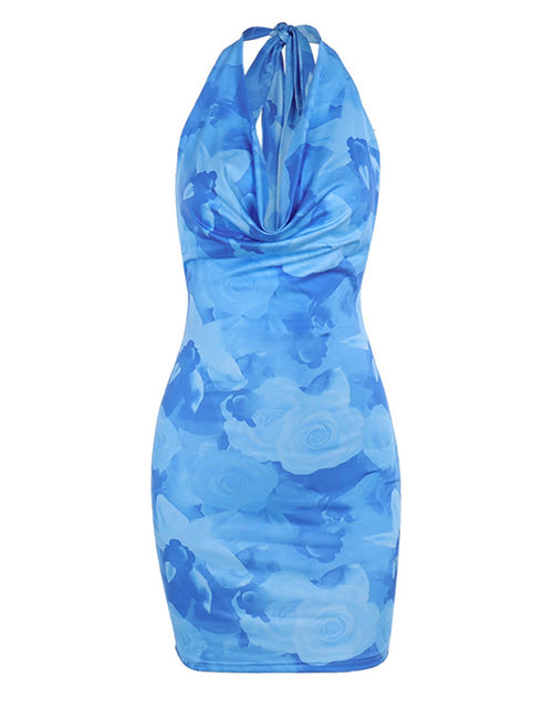 Load image into Gallery viewer, Knemksplanet Women Halterneck Mesh Mini Dress Floral Print Blue Size L
