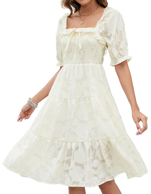 Load image into Gallery viewer, Gardenwed Womens Square Neck Midi Dress Smocked Bodice Puff Sleeves Beige Size M
