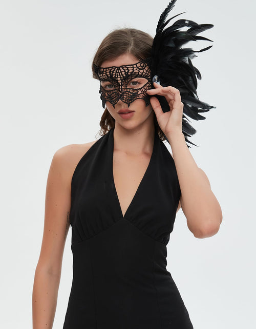 Load image into Gallery viewer, Livresse Fox Lace Feather Masquerade Mask Black Elastic Strap One Size
