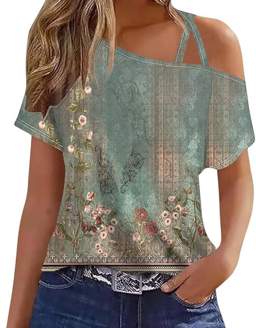 Load image into Gallery viewer, Decsth Womens Floral Boho One Shoulder Short Sleeve Shirt Green XL
