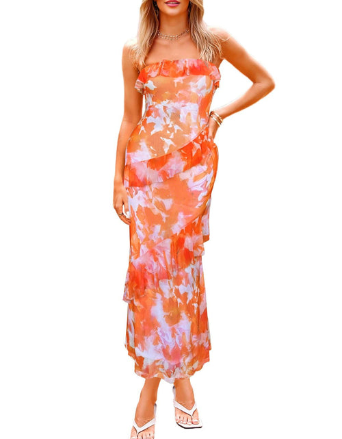 Load image into Gallery viewer, Oumrdeo Women's Strapless Floral Orange Maxi Dress Size L
