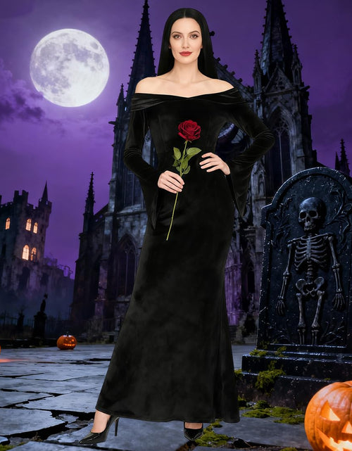 Load image into Gallery viewer, QUJQOM Halloween Gothic Dress Black V-neck Red Rose Wig Size L
