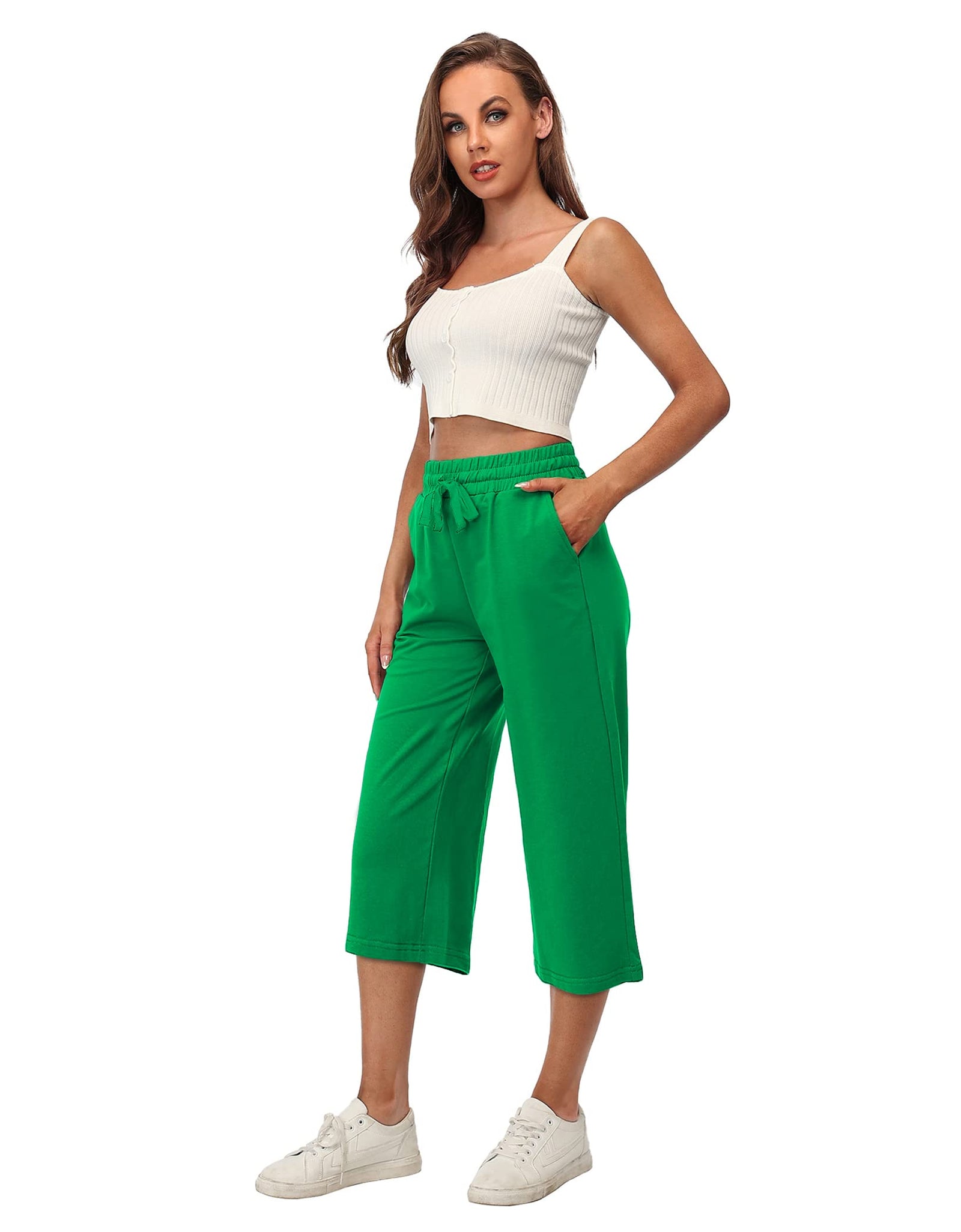 RESHE Womens Capri Pants Yoga Wide Leg Drawstring Pockets Green Size 2XL