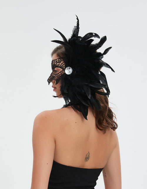 Load image into Gallery viewer, Livresse Fox Lace Feather Masquerade Mask Black Elastic Strap One Size
