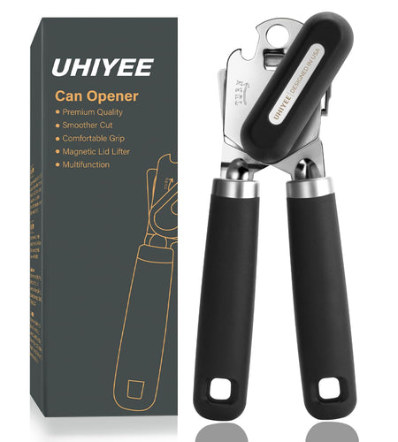 UHIYEE Manual Can Opener Heavy Duty Sharp Blade Soft Handle Black