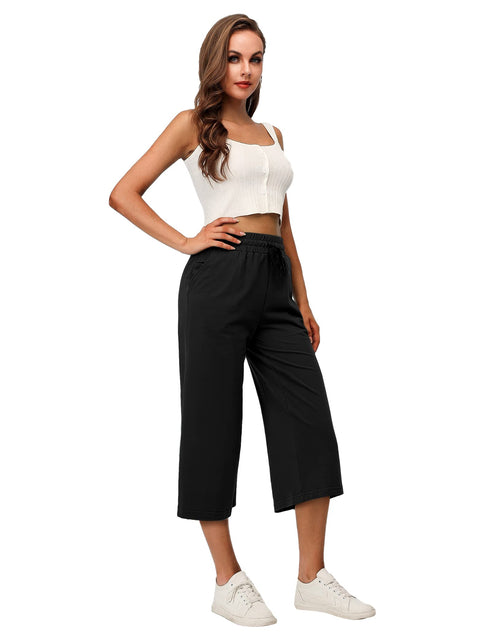 Load image into Gallery viewer, RESHE Womens Capri Pants Wide Leg Drawstring Lounge Yoga Navy Size S
