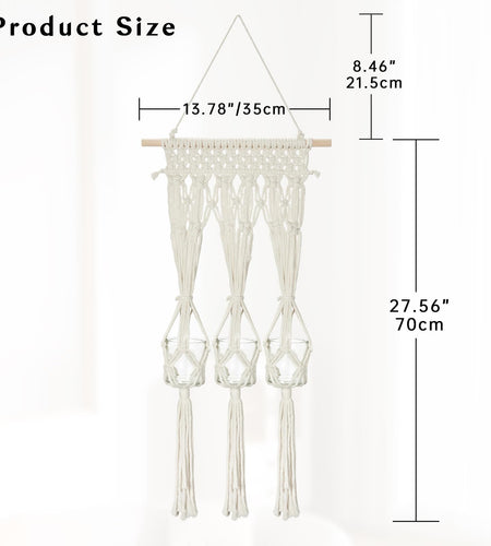 Briful Macrame Wall Hanging Shelf Cream-White with 3 Glass Vases Boho Decor