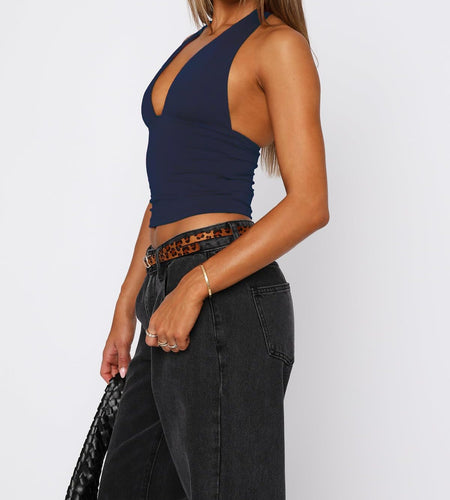 TiulZial Womens Backless Halter Crop Tank Top Navy Blue Size M