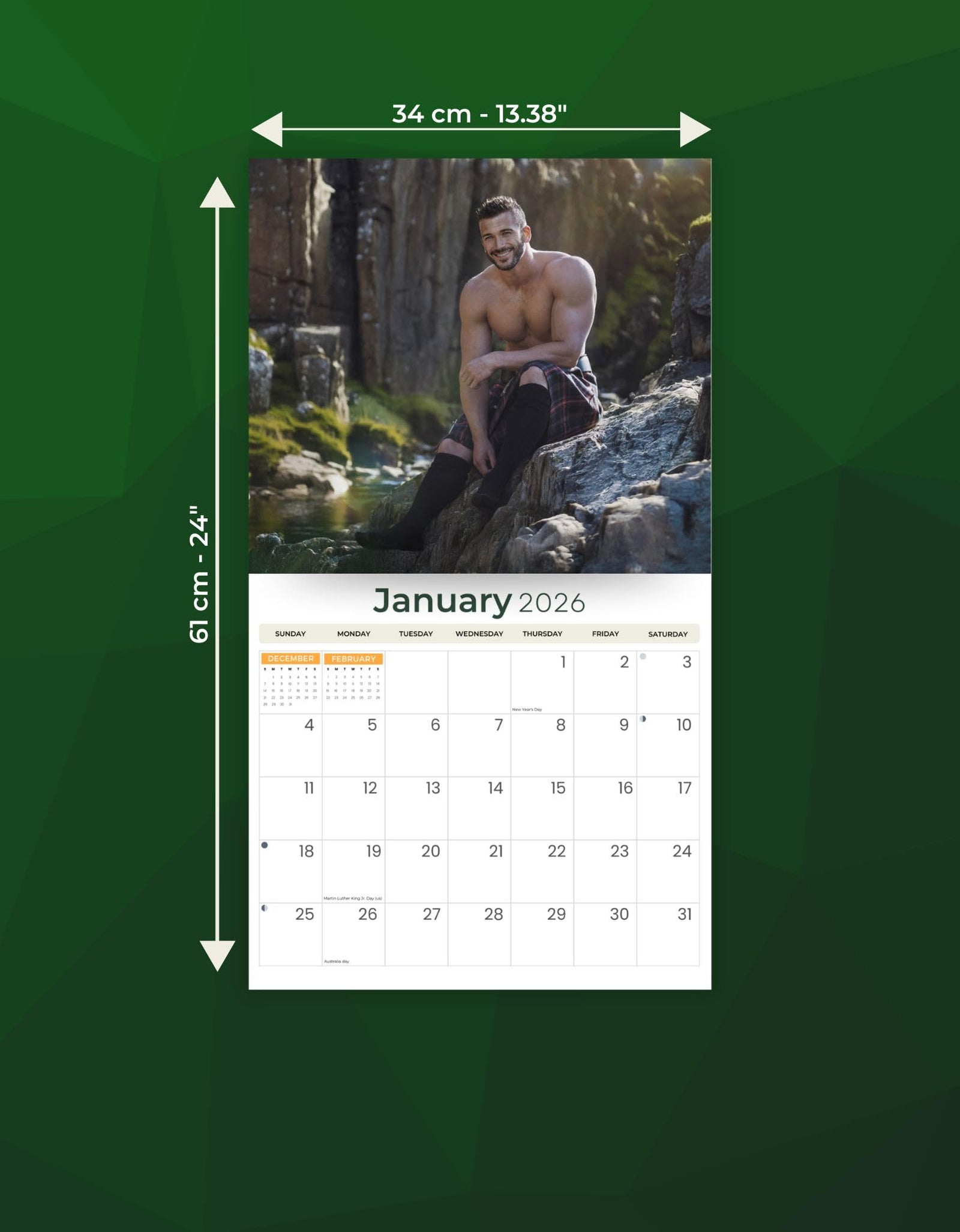 Just Calendars Men in Kilts 2026 Deluxe Wall Calendar 12x13.3 Large