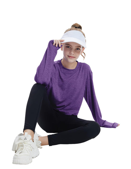 Load image into Gallery viewer, CharmWM Girls Long Sleeve Crop Top Crew Neck Casual Tee Deep Purple Size 9-10Y

