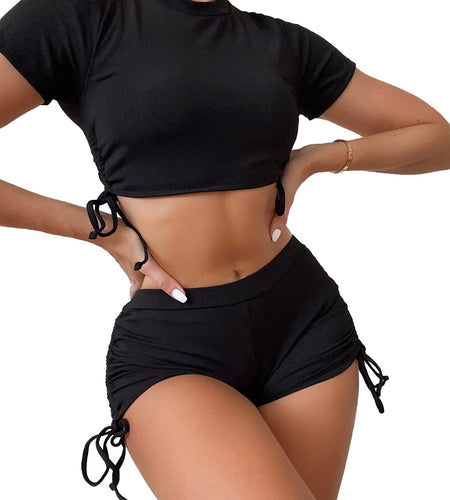 Tumhug Women's High Waist Bikini Set Crop Top Boy Shorts Black Size L