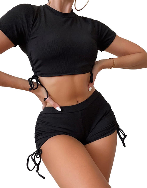 Load image into Gallery viewer, Tumhug Women's High Waist Bikini Set Crop Top Boy Shorts Black Size L
