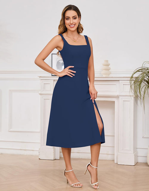 Load image into Gallery viewer, Gardenwed Womens Square Neck Midi Dress Sleeveless Slit Cocktail Navy M
