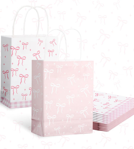 BOXOB Pink Bow Gift Bags 12pcs 8.27x6.3x3.15in Pink White Party Favor