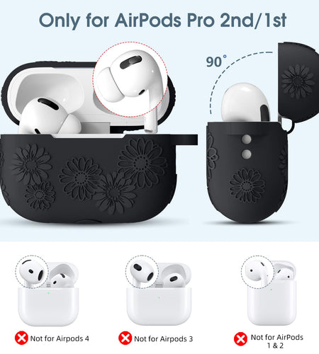 Adorve AirPods Pro 2 Silicone Case Flower Engraved Black Front LED Visible