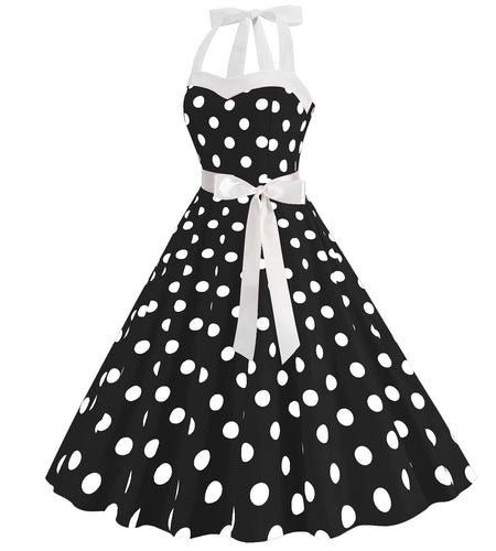 HAPNBCELE Vintage 1950s Halter Polka Dot Dress Black Size X-Large